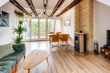 Beautiful apartment with exposed roof truss and terrace