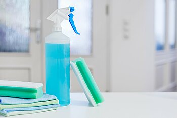Zu sehen ist eine Sprühflasche, mehrere Lappen und ein Schwamm.