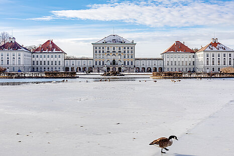 The photo shows the Nymphenburg castle with snow and partially frozen pond
