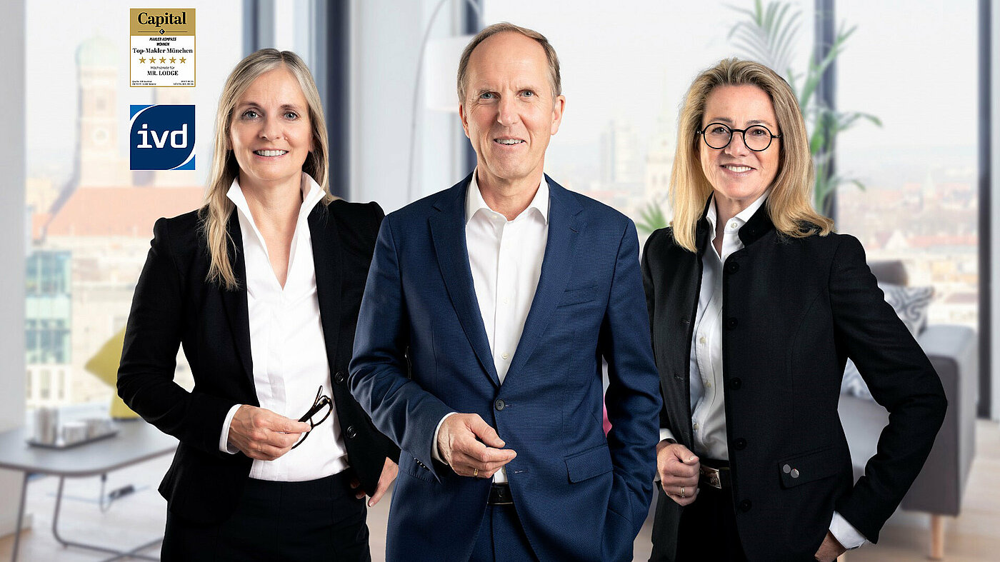 Immobilie erfolgreich verkaufen mit Mr. Lodge im Großraum München, von links nach rechts: Jacqueline Sauren (Leitung Immobilienverkauf), Norbert Verbücheln (Geschäftsführer), Petra Berger (Leitung Filiale Rottach-Egern)